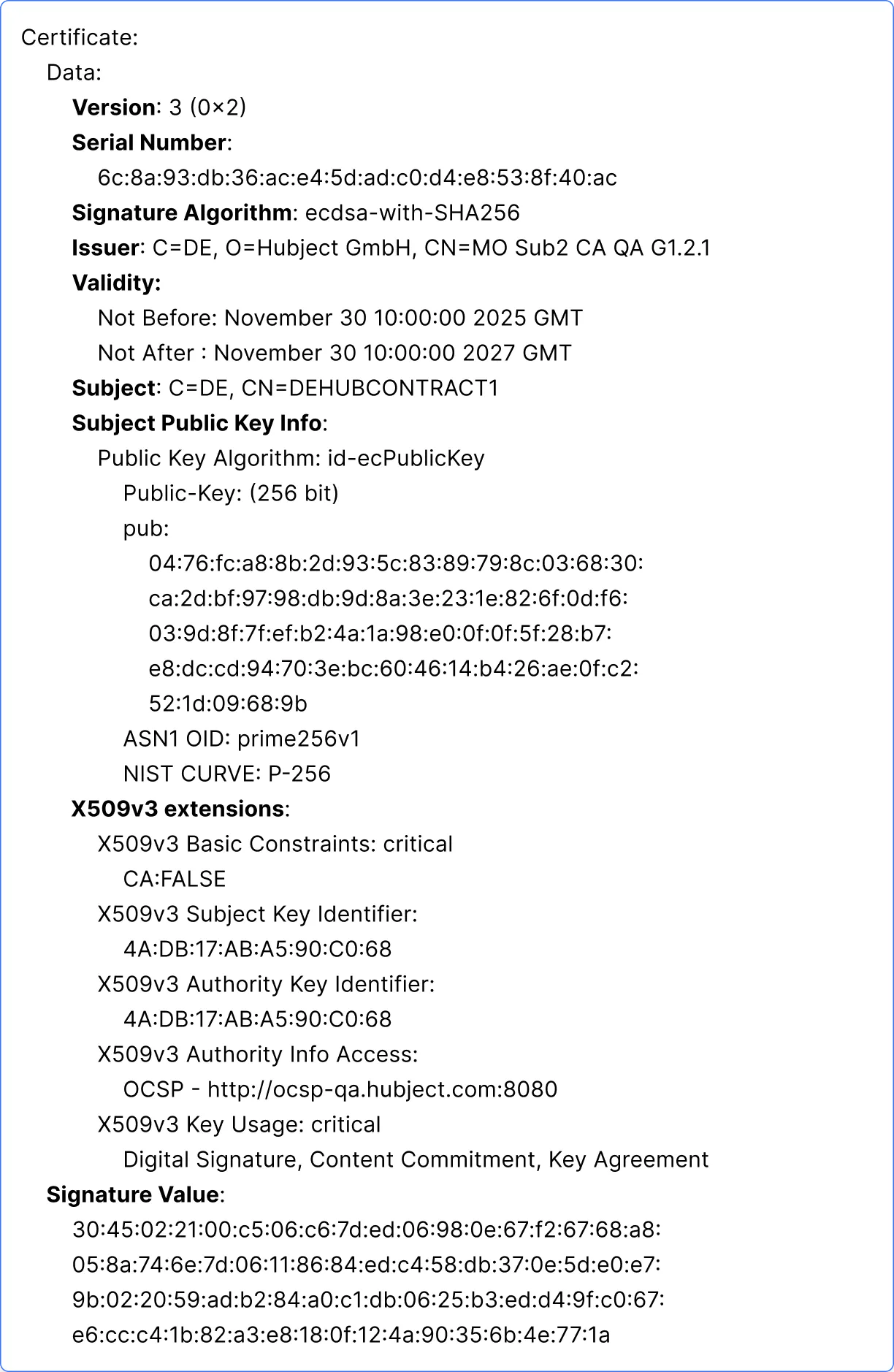 Example of a Contract Certificate in ISO 15118-2